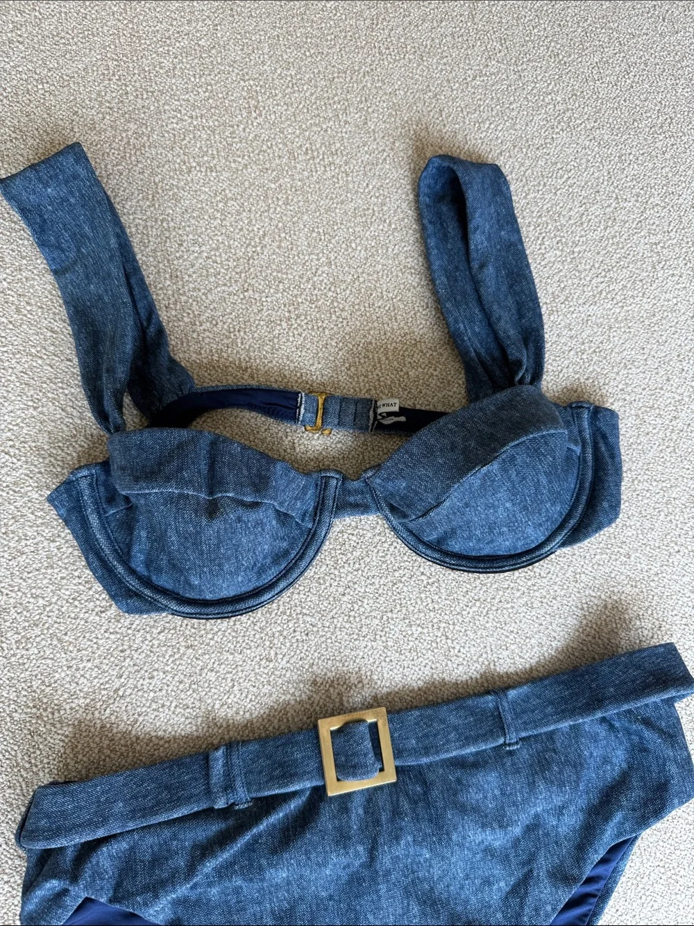 WeWoreWhat Denim-Effect Blue High-Waist Bikini Set with Buckle